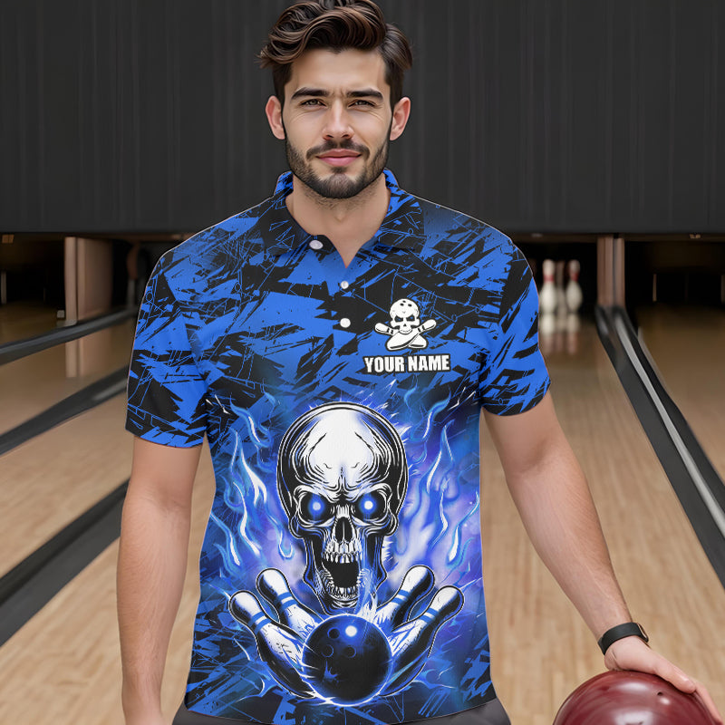 Personalized Blue Flame Skull Bowling Jersey Camo Polo Bowling Team Shirt QZT670