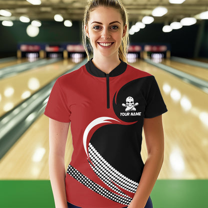 Custom Red Skull Bowling Shirt Quarter-Zip Bowling Jersey for Men Women Bowling Outfit QZT671