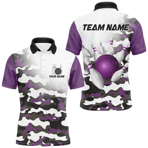 Personalized Camo Purple Bowling Shirts for Men Polo Bowling Team Jersey QZT504