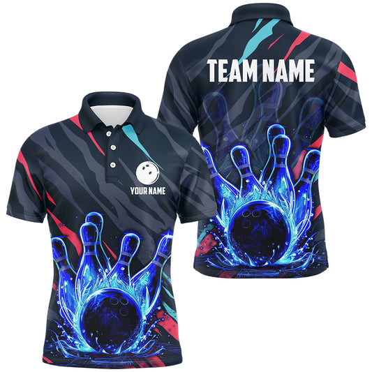 Custom Blue Light Neon Bowling Shirt Men Water Bowling Team Jersey Polo QZT475