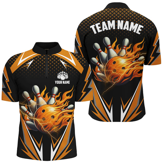 Personalized Flame Bowling Shirts for Men Orange 1/4 Zip Bowling Jersey QZT443