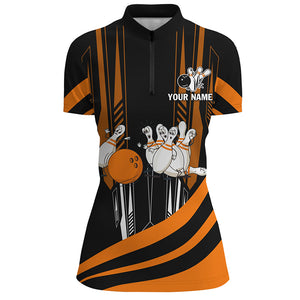 Orange Camo Bowling Shirt Funny Bowling Team Jersey for Women 1/4 Zip Bowling Shirt QZT258