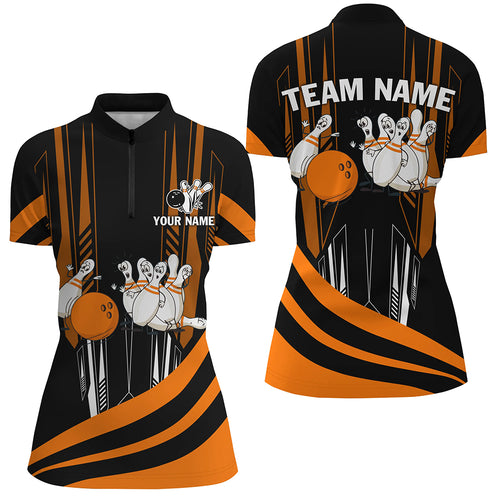 Orange Camo Bowling Shirt Funny Bowling Team Jersey for Women 1/4 Zip Bowling Shirt QZT258