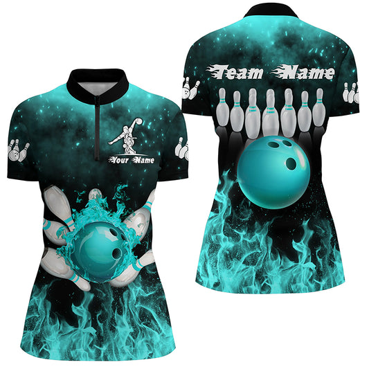 Flame Bowling Shirts for Women Custom Bowling Team Jersey Quarter Zip Shirt QZT464