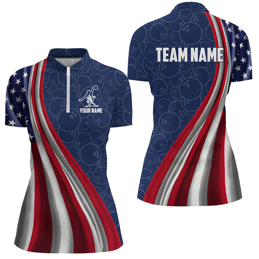 Custom american flag bowling ball pattern women's bowling 1/4 zip shirt, front and back views, personalized bowling league jersey.