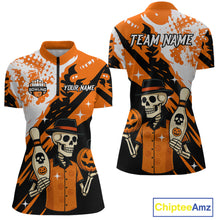 Load image into Gallery viewer, Orange Funny Skull Bowling Shirt for Women Personalized Polo &amp; 1/4-Zip Bowling Jersey Halloween QZT768