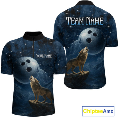 Custom Blue Bowling Shirt Wolf Bowling Team Jersey for Men Polo & 1/4 Zip Bowling Outfit QZT703