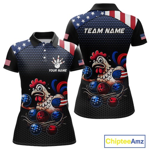 Custom American Flag Funny Chicken Bowling Team Jersey for Women Polo Bowling Shirt Unisex QZT710
