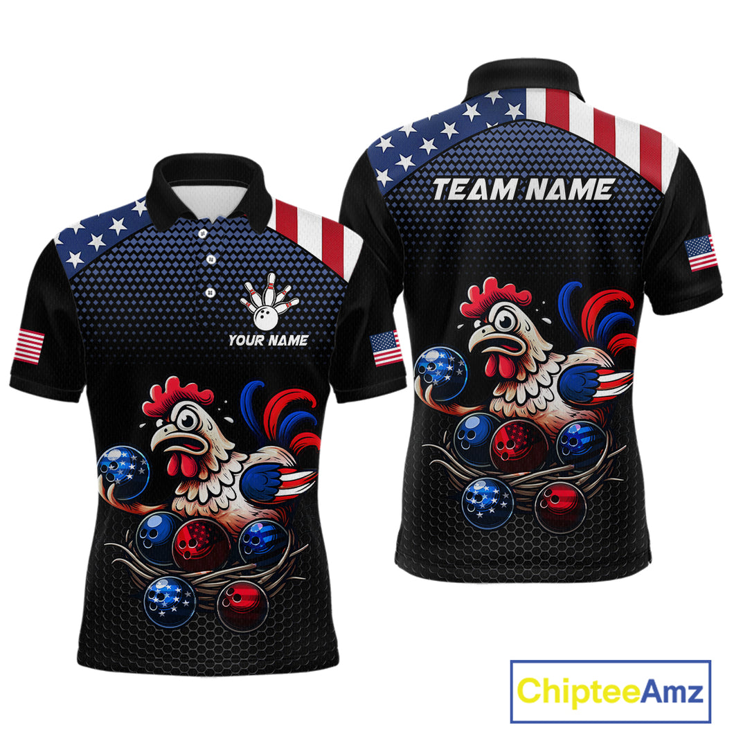 Custom American Flag Funny Chicken Bowling Team Jersey for Men Polo Bowling Shirt Unisex QZT710