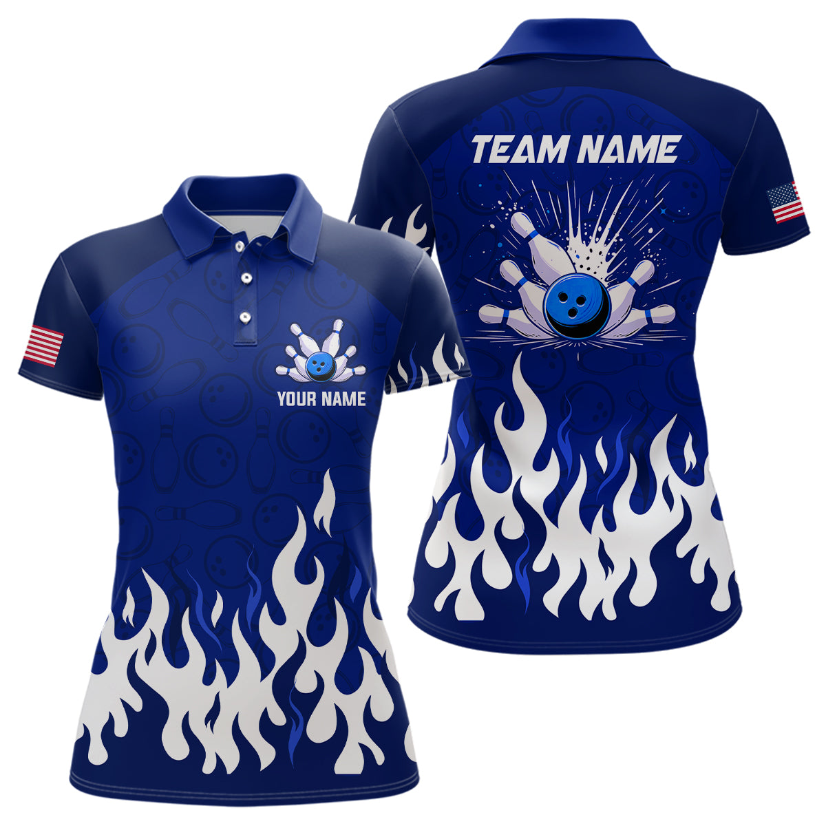 Navy Bowling Shirt Unisex Flame Bowling Jersey Women Polo Bowling Shirt QZT272