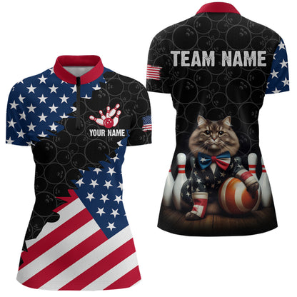 Personalized Patriotic Cat Bowling Shirt Quarter-Zip American Bowling Jersey for Men Women QZT673