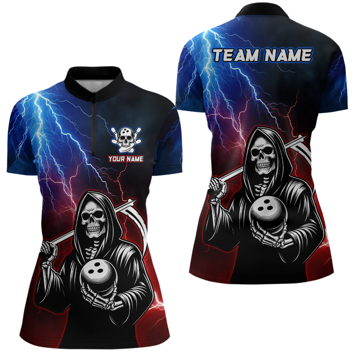 Thunder Bowling Shirt| Grim Reaper Bowling Jersey, Custom Bowling for Women, Quarter-Zip Bowling Shirt QZT405