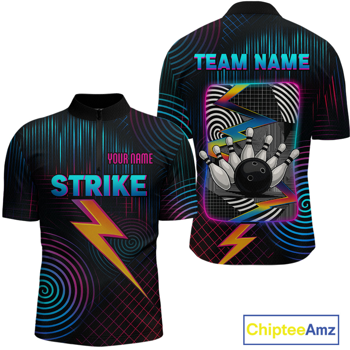 Bowling Shirt Strike Neon Lightning Custom Team Jersey for Men Graphic Bowling Uniform QZT727
