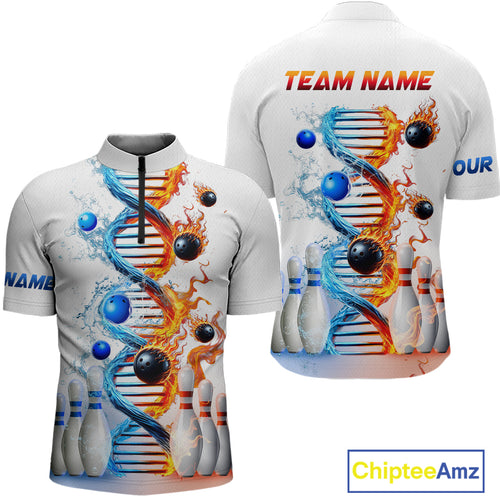 Custom Flame & Water DNA Bowling Shirt White Quarter-Zip Bowling Jersey for Men And Women QZT685