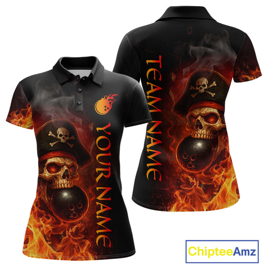Orange Flame Pirate Skull Bowling Team Shirt for Women Bowling League Jersey Polo Bowling Outfit QZT763