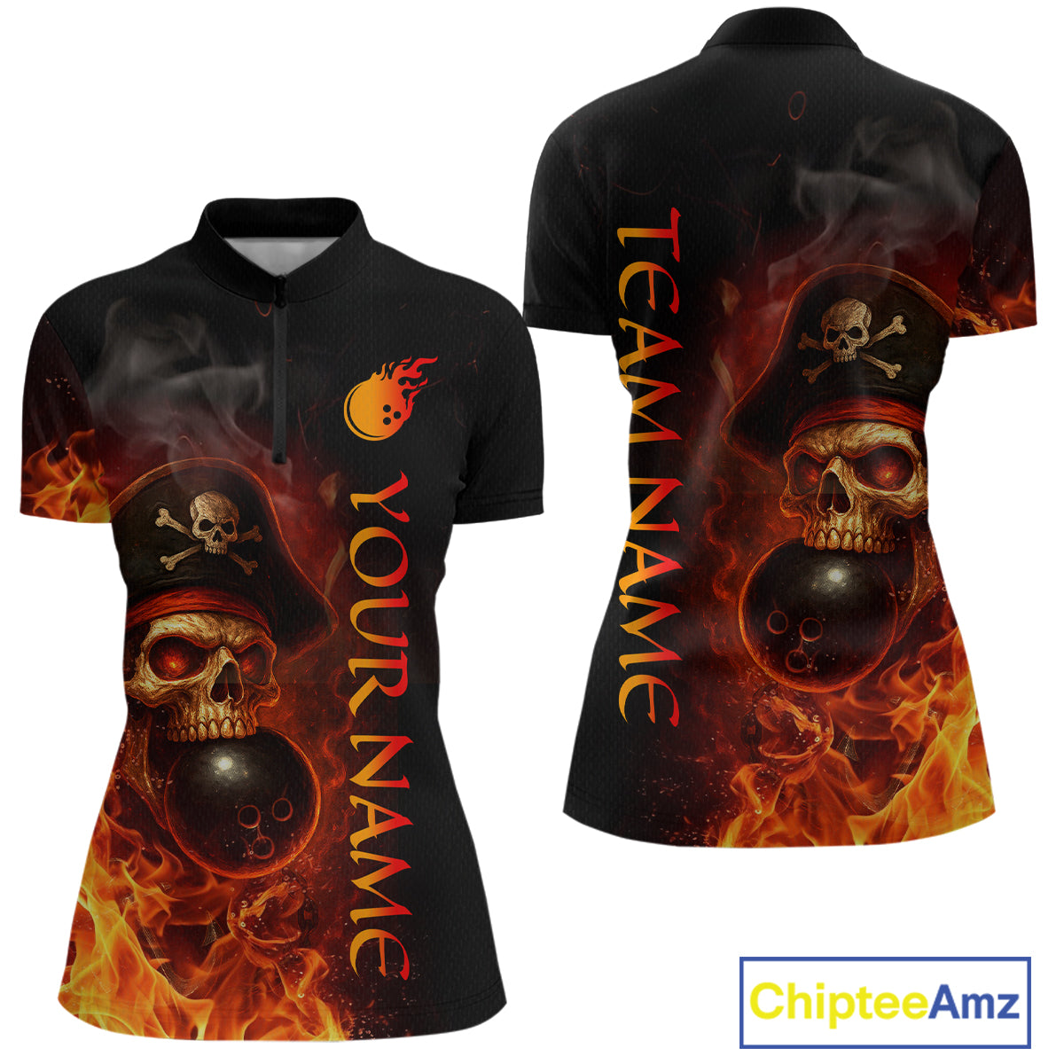 Orange Flame Pirate Skull Bowling Team Shirt for Women Bowling League Jersey Polo Bowling Outfit QZT763