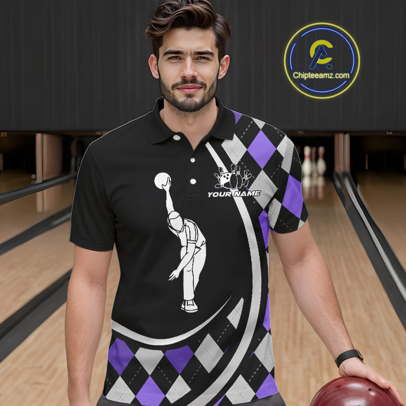 Purple Argyle Pattern Bowling Jersey for Men Custom Polo & 1/4-Zip Bowling Team Shirt Bowling Gift QZT725