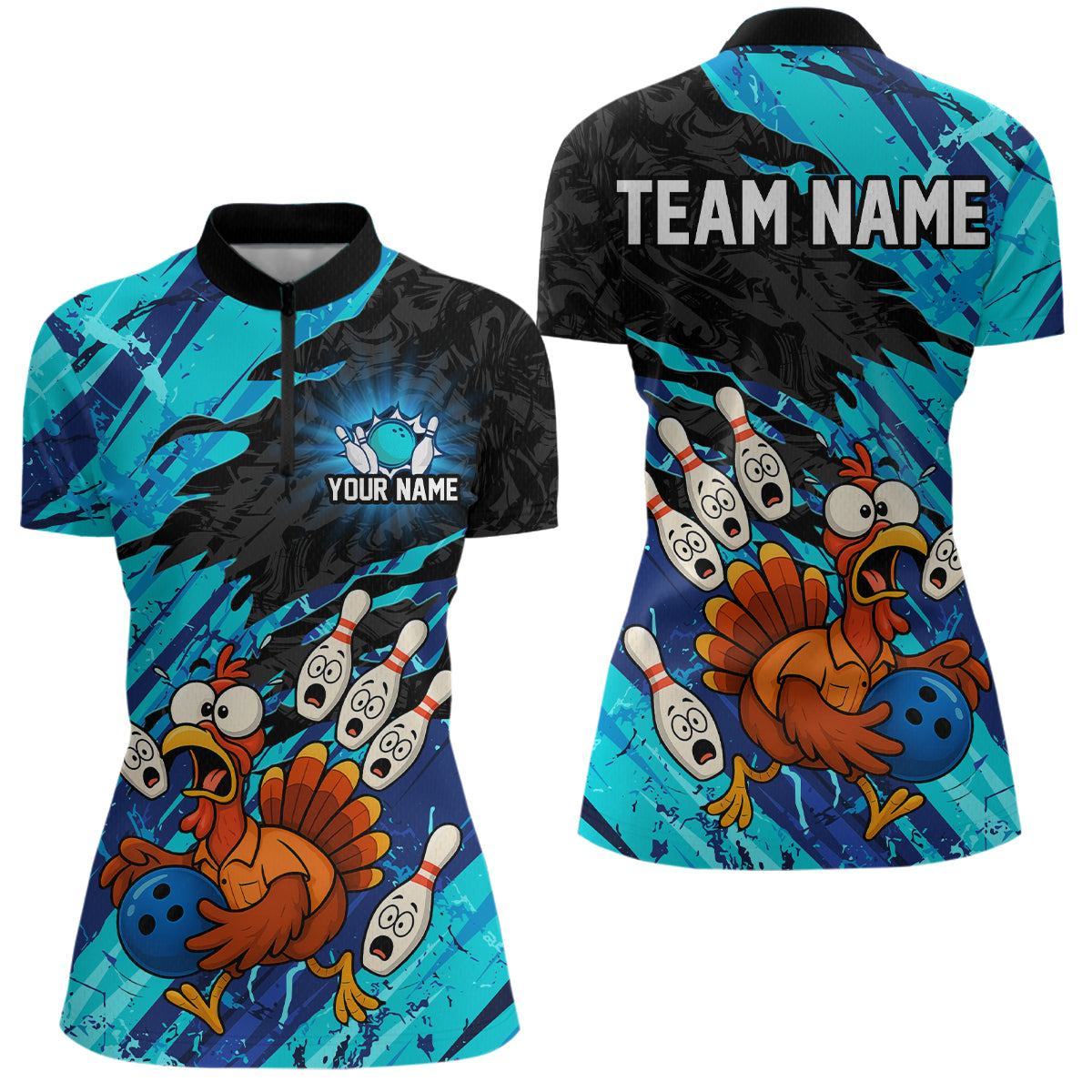 Custom Cyan Turkey Bowling Shirt Funny Ball Pin League Jersey for Women Polo Outfit QZT765