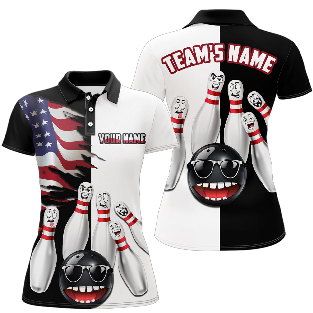 US Flag Bowling Shirt Funny Black & White Bowling Jersey Women Polo Performance Bowling Shirt QZT263