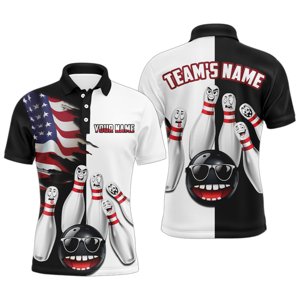 US Flag Bowling Shirt Funny Black & White Bowling Jersey Men Polo Performance Bowling Shirt QZT263