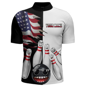 US Flag Bowling Shirt Funny Black & White Bowling Jersey Men Quarter-Zip Performance Bowling Shirt QZT263