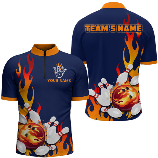 Flame Bowling Shirts Men Custom Bowling Team Jersey Quarter Zip Uniform QZT460