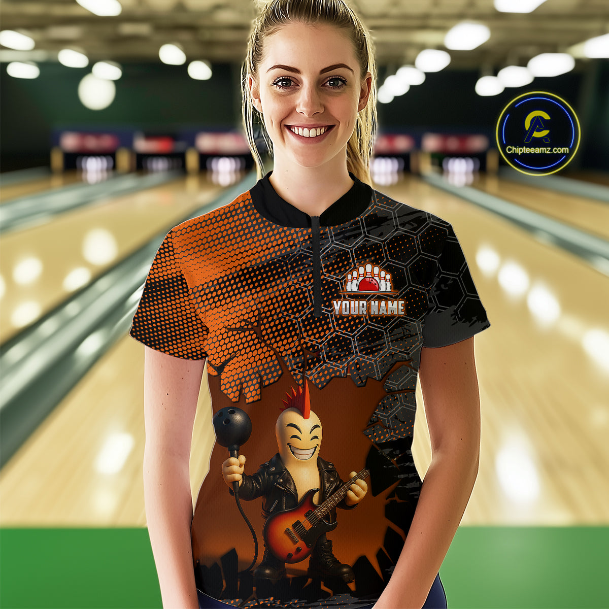 Bowling Pin Rocker Shirt for Women Music Bowlwing Team Leage Polo & Quarter-Zip Bowling Jersey QZT719