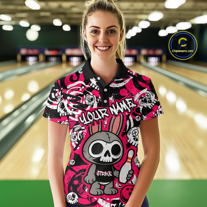 Custom Pink Skull Bunny Bowling Shirt Gothic Women Bowling Team League Polo Halloween QZT747