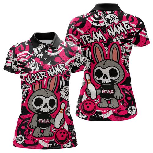 Custom Pink Skull Bunny Bowling Shirt Gothic Women Bowling Team League Polo Halloween QZT747