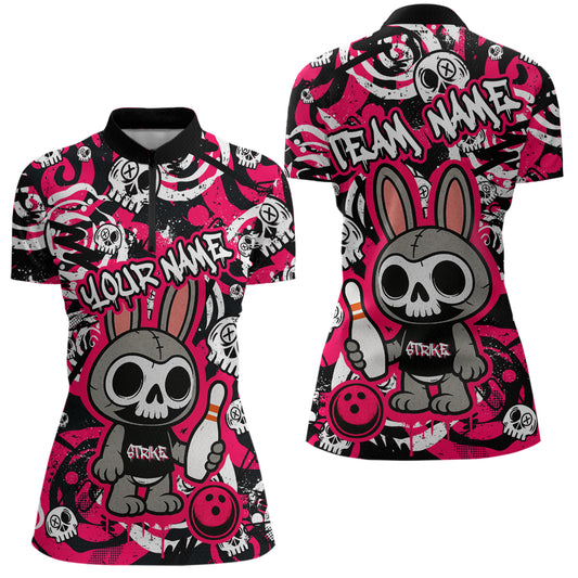 Custom Pink Skull Bunny Bowling Shirt Gothic Women Bowling Team League Polo Halloween QZT747