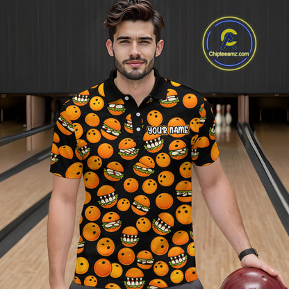 Funny Orange Hamburger Bowling Shirt  for Men Food Bowling Team League Polo & 1/4 Zip Bowling Jersey QZT724