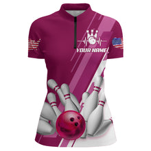 Load image into Gallery viewer, Women's Bowling Shirt Pink 1/4-Zip Bowling Shirt Patriotic Bowling Shirt QZT281