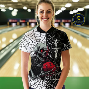 Black and White Skull Bowling Team Shirt Custom Spider Bowling Jersey Women Halloween Bowling Outfit QZT748