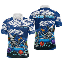Load image into Gallery viewer, Custom Blue Funny Skull Bowling Team Shirt Polo &amp; Quarter-Zip Bowling League Jersey for Men QZT755
