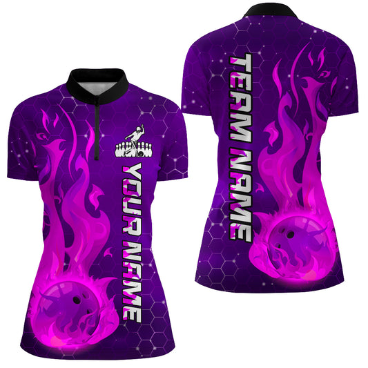 Custom Flame Bowling Shirts Bowling Jersey for Women 1/4 Zip Bowling Uniform QZT447