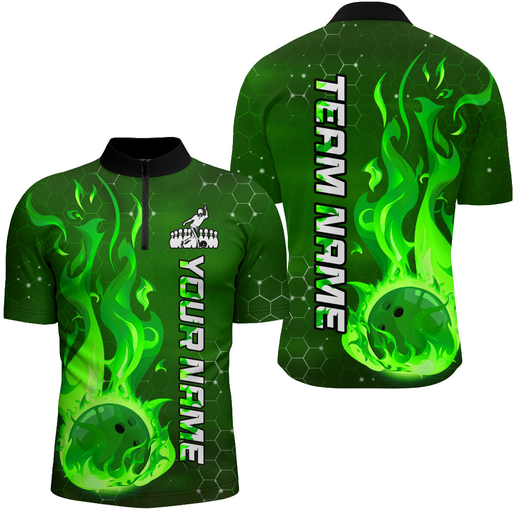 Custom Flame Bowling Shirts Bowling Jersey for Men 1/4 Zip Bowling Uniform QZT447
