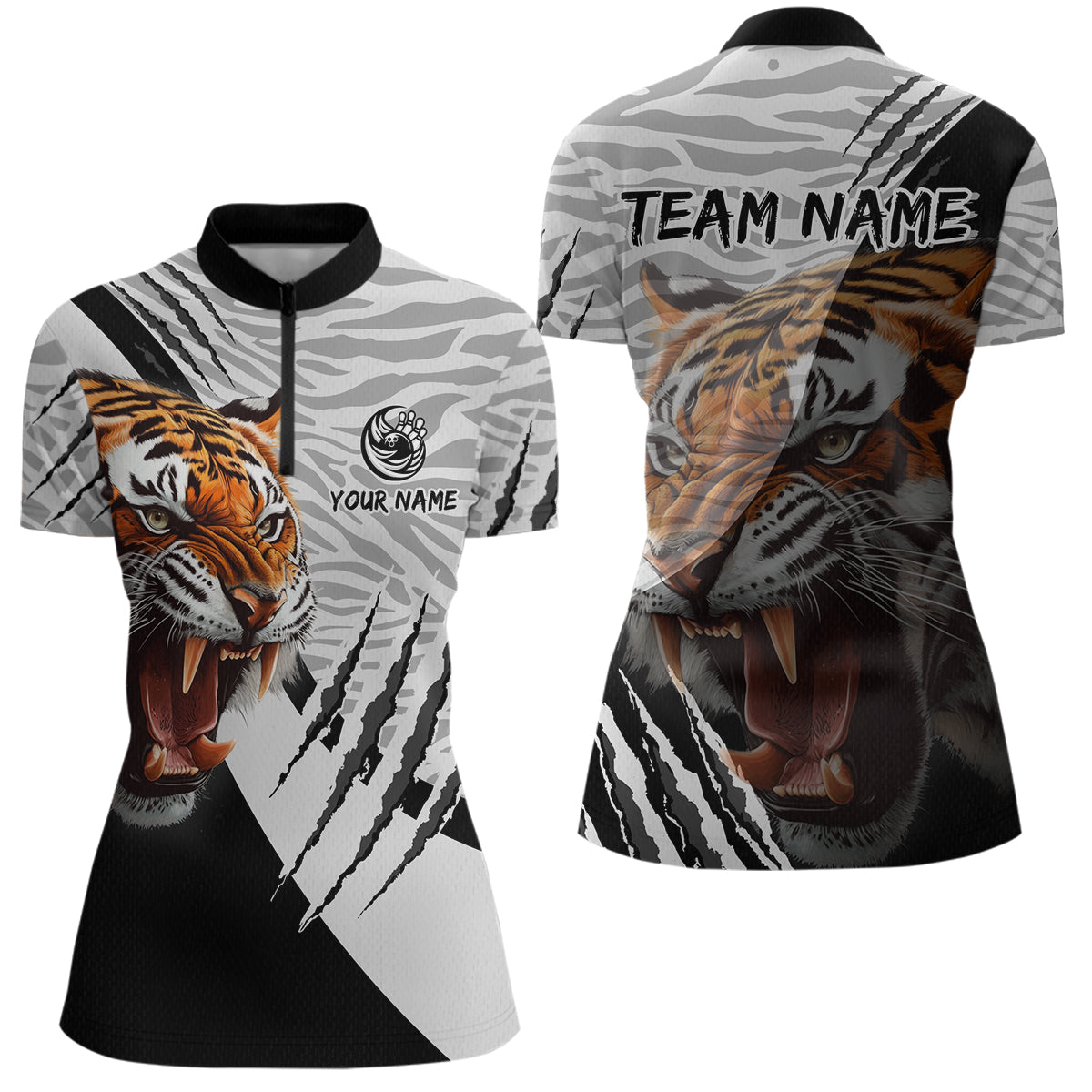 Black & White Bowling Shirt Tiger Bowling Team Jersey Quarter Zip Bowling for Men & Women QZT641