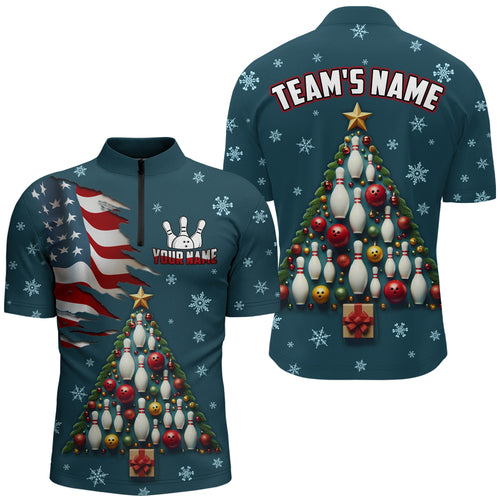 Custom Christmas Bowling Shirts for Men US 1/4 Zip Christmas Tree Bowling Jersey QZT450