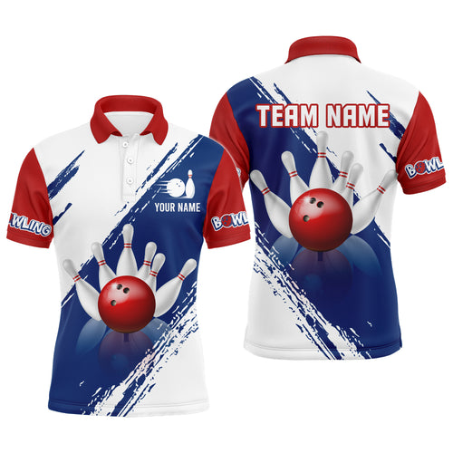 Personalized Blue Red White Bowling Team Shirts for Men  Polo Bowling Jersey Patriotic QZT491