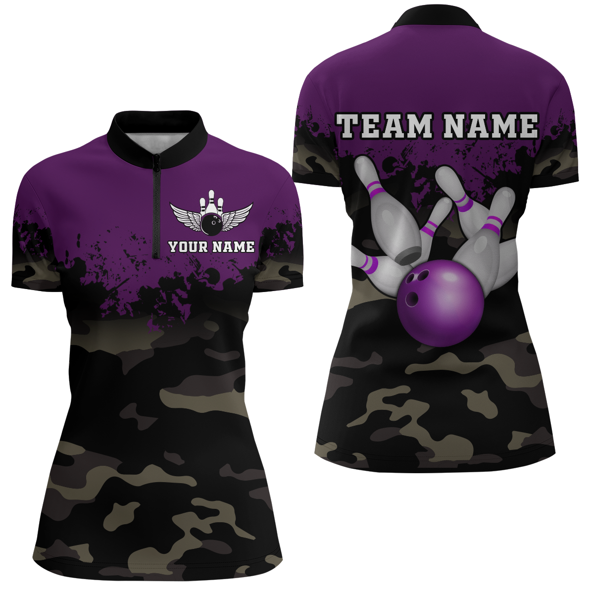 Personalized 3D Quarter Zip Bowling Team Shirts Women Camouflage Bowling Jersey QZT503