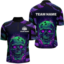 Load image into Gallery viewer, Black &amp; Purple Skull Bowling Jersey Custom Quarter-Zip Bowling Team Shirt for Men Women QZT675