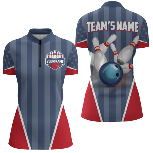 American Bowling Quarter-Zip Shirt for Women Custom Bowling Team Shirt QZT217