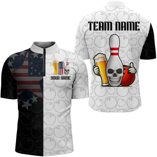 Custom Beer Bowling Shirts for Men Skull Quarter Zip Bowling Team League QZT453