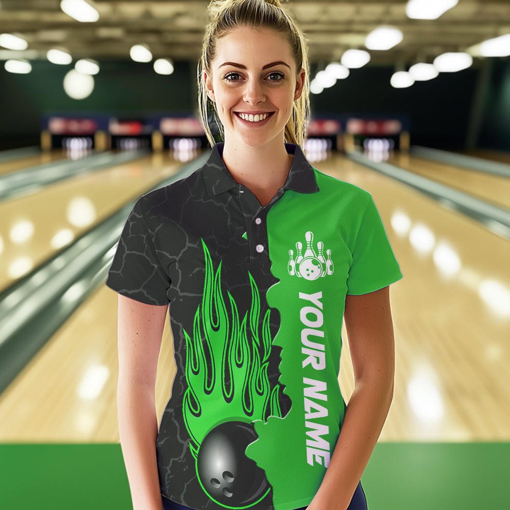 Green Flame Bowling Polo Shirts Men & Women Custom Bowling Team League Jerseys BDT471