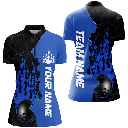 Blue Flame Bowling Quarter Zip Shirts Men & Women Custom Bowling Team League Jerseys BDT471