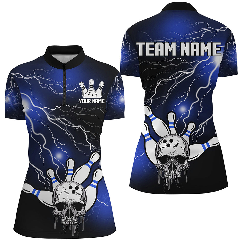 Skull Bowling 1/4 Zip Shirt For Men & Women Light Thunder Blue Bowling Team Jersey Halloween BDT541