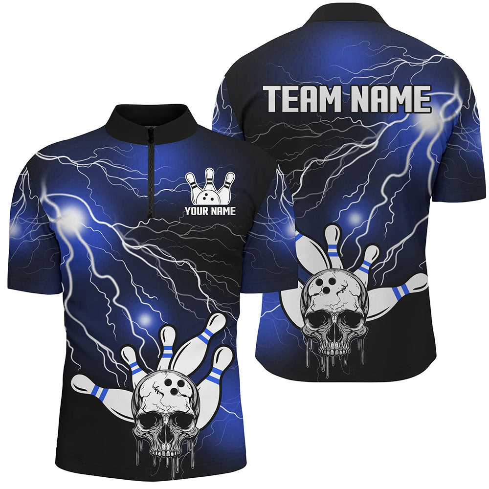 Skull Bowling 1/4 Zip Shirt For Men & Women Light Thunder Blue Bowling Team Jersey Halloween BDT541