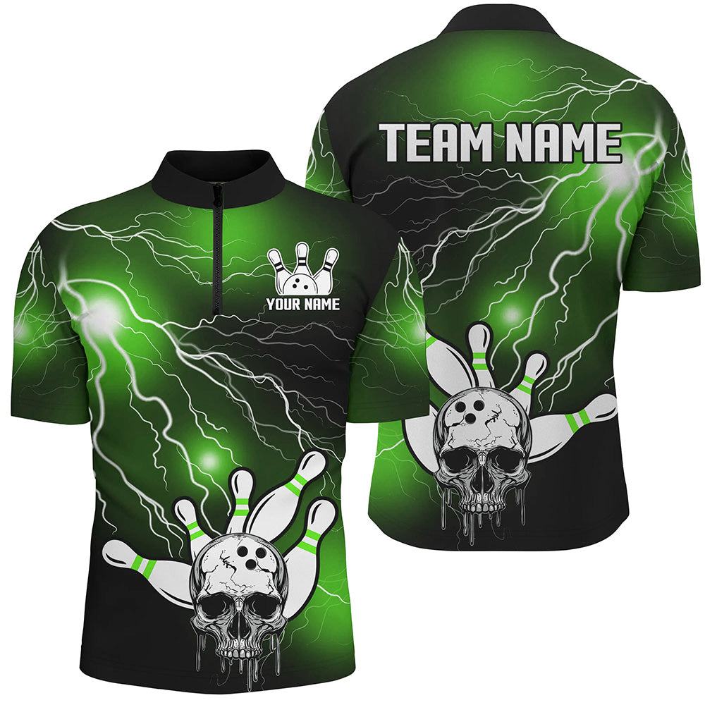 Skull Bowling 1/4 Zip Shirt For Men & Women Light Thunder Green Bowling Team Jersey Halloween BDT541