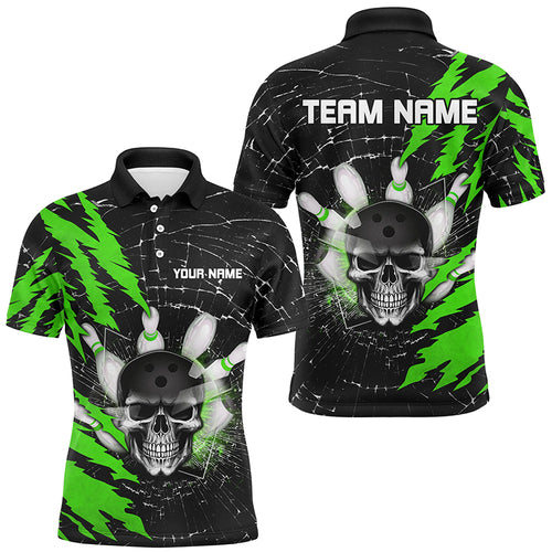 Skull Bowling Polo Shirt For Men & Women Custom Halloween Bowling Team Jersey Green BDT538