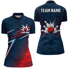 Load image into Gallery viewer, Navy&amp;Red Bowling Shirt Unisex Custom Bowling Team Jersey Men &amp; Women 1/4 Zip Bowling Outfit BDT573